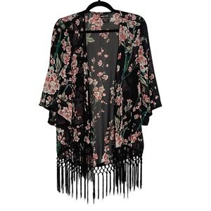 Wet Seal Womens Floral Kimono Wrap Black Pink Cherry Blossom Fringe One Size